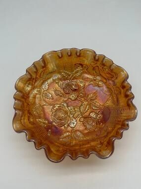 Imperial Glass Marigold Carnival Rose Footed Bowl Ruffled Edge Iridescent